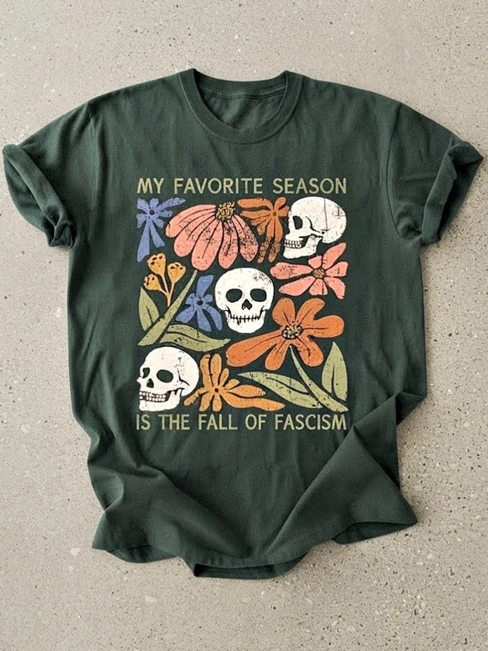 Fall Floral Skull Dark Green Aesthetic Art Gildan T-Shirt